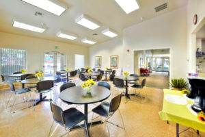 Bright Dining Hall with tables and chairs, yellow flowers