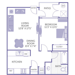 1 bed 1 bath floor plan, living room 12' 8" x 17' 5", bedroom 11' 3" x 13' 5", dining room 8' 4" x 7' 4", patio, kitchen and pantry, washer and dryer, 1 closet
