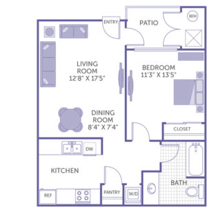 1 bed 1 bath floor plan, living room 12' 8" x 17' 5", bedroom 11' 3" x 13' 5", dining room 8' 4" x 7' 4", patio, kitchen and pantry, washer and dryer, 1 closet
