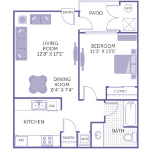 1 bed 1 bath floor plan, living room 12' 8" x 17' 5", bedroom 11' 3" x 13' 5", kitchen and pantry, patio, washer and dryer, 1 closet