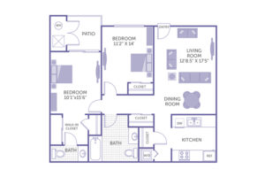 2 bed 2 bath floor plan, bedroom 11' 2" x 14', bedroom 10' 1" x 15' 6", living room 12' 8.5" x 17' 5", dining room, patio, walk-in closet, 3 closets, washer and dryer