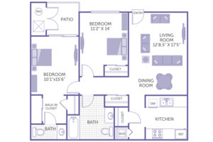 2 bed 2 bath floor plan, bedroom 11' 2" x 14', bedroom 10' 1" x 15' 6", living room 12' 8.5" x 17' 5", dining room, patio, walk-in closet, 3 closets, washer and dryer